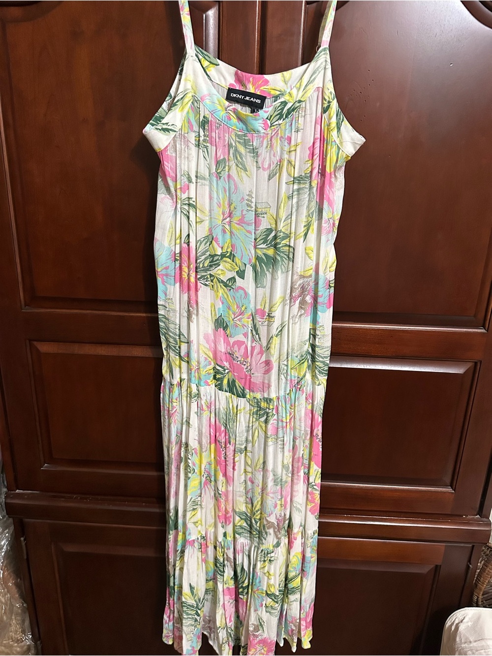 DKNY Floral Pleated Maxi Dress in Pink, Mint & Yellow